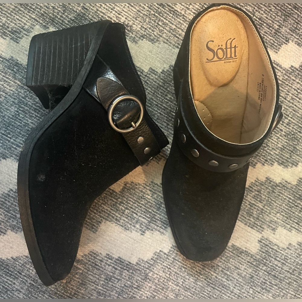 Sofft black suede heeled mules